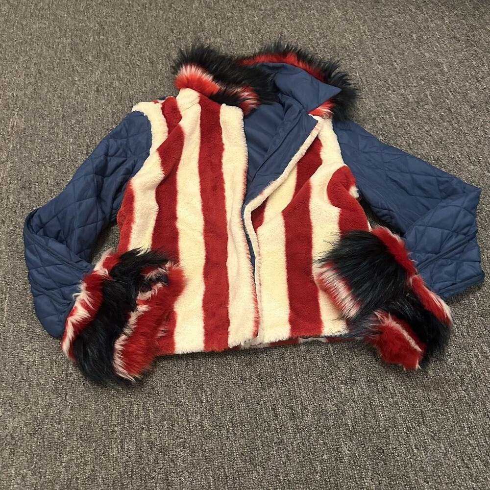 Guess Tiesto Bomber Jacket W M Faux Fur USA Flag RWB Lined Collar July 4 America